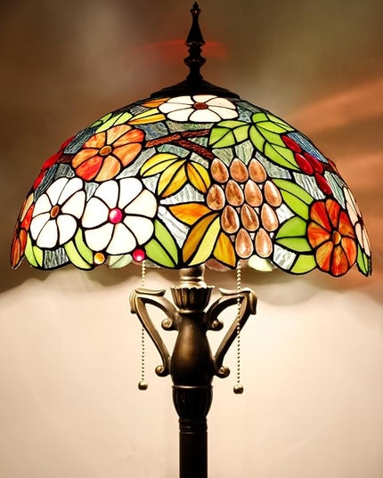 Tiffany Floor Lamp Stained Glass Standing Reading Light 16X16X66 Inch - Green Purple Grape - LeafyLoom