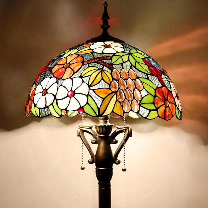 Tiffany Floor Lamp Stained Glass Standing Reading Light 16X16X66 Inch - Green Purple Grape - LeafyLoom