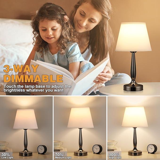 Kakanuo Touch Bedside Lamp for Bedroom with USB C Port, Small Touch Table Lamp with 2 USB Charging Ports, 3 Way Dimmable Nightstand Lamp for Living Room and Office - White (LED Bulb Included) - LeafyLoom