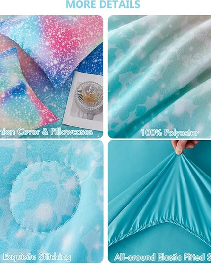 PERFEMET Full Size Comforter Sets for Kids Girls 6 Pieces Pink Green Ombre Rainbow Bedding Set Colorful Tie Dye Glitter Teen Girls Bed in A Bag - LeafyLoom