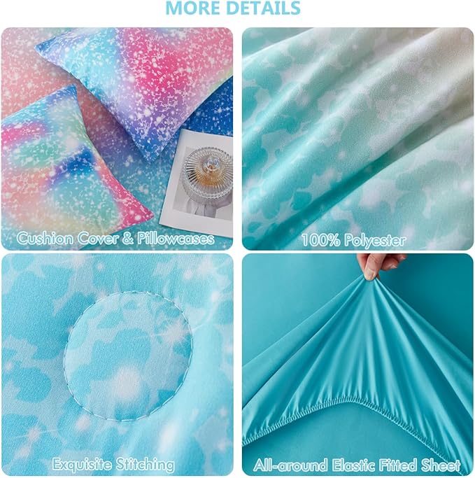 PERFEMET Full Size Comforter Sets for Kids Girls 6 Pieces Pink Green Ombre Rainbow Bedding Set Colorful Tie Dye Glitter Teen Girls Bed in A Bag - LeafyLoom