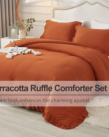 Andency Burnt Orange Twin Size Comforter Set, 2 Pieces Terracotta Ruffle Shabby Chic Bedding Comforters & Sets for Kids Grils, All Season Soft Lightweight Down Alternative Bed Blanket Set - LeafyLoom