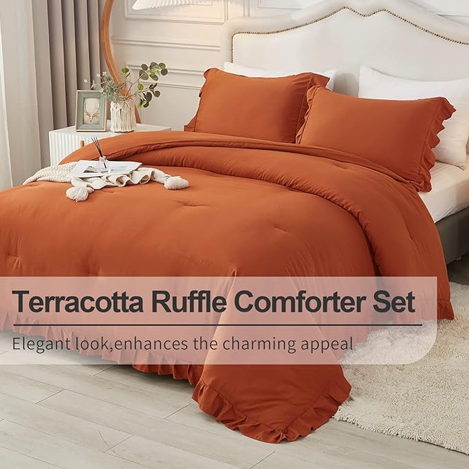 Andency Terracotta Ruffle Comforter Full(79x90Inch), 3 Pieces(1 Ruffled Comforter and 2 Pillowcases) Solid Farmhouse Shabby Chic Comforter, Vintage Rustic Soft Microfiber Bedding Set - LeafyLoom