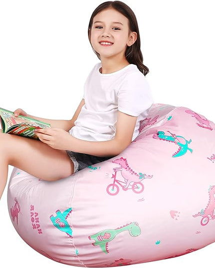 Lukeight Stuffed Animal Storage Bean Bag Chair Cover for Kids, Dinosaur Zipper Beanbag Chair Cover for Organizing Toddler & Kids' Rooms Plush Toys (Dino Pink, X-Large) - LeafyLoom