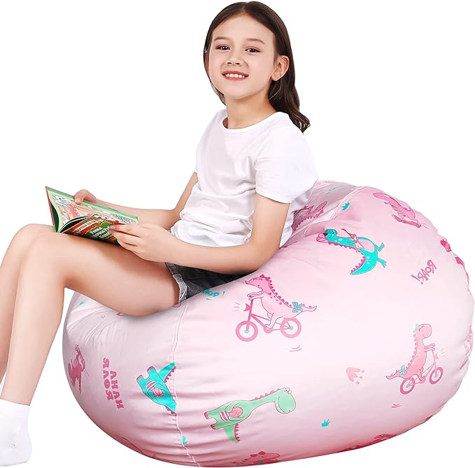 Lukeight Stuffed Animal Storage Bean Bag Chair Cover for Kids, Dinosaur Zipper Beanbag Chair Cover for Organizing Toddler & Kids' Rooms Plush Toys (Dino Pink, X-Large) - LeafyLoom