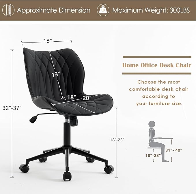 YOUNUOKE Office Desk Chair, Comfy Home Office Chairs, Small Comfortable Desk Chairs with Wheels, Armless PU Leather Chairs for Computer Conference, Black - LeafyLoom