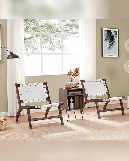 Beech Modern Leather Accent Chairs for Living Room,Mid Century Lounge Chair,Side Brown Leather Chair Indoor Boho Scandinavian Cognac Woven Rattan Faux Leather Accent Chair - LeafyLoom