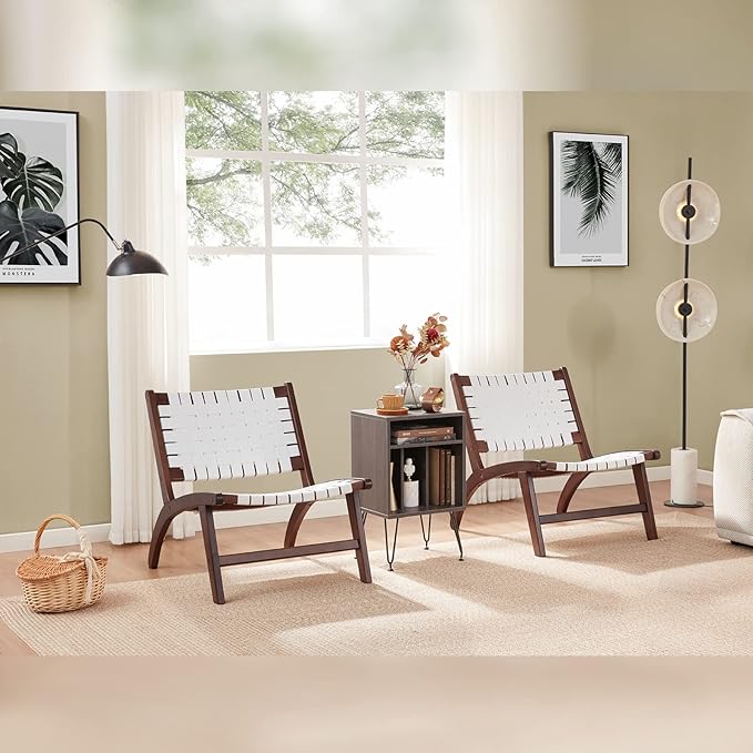 Beech Modern Leather Accent Chairs for Living Room,Mid Century Lounge Chair,Side Brown Leather Chair Indoor Boho Scandinavian Cognac Woven Rattan Faux Leather Accent Chair - LeafyLoom