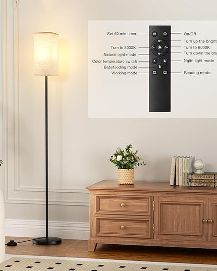 Ambimall Floor Lamps for Living Room - Remote Control, 9W Stepless Dimmable Bulb, Foot Switch, Color Temperatures, 64'' Tall Standing Lamp, Beige Lampshade, Reading Bedroom,Office (Black) - LeafyLoom