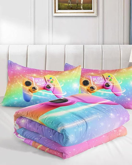 Datura home Bedding Comforter Set Rainbow Gamepad Printed Pattern Quilt with 1 and 2 Pillowcases for Girls Bedroom All Season(Rainbow Queen) Queen 90x90inches - LeafyLoom