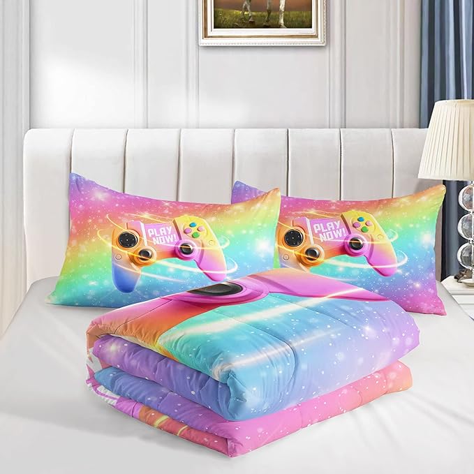 Datura home Bedding Comforter Set Rainbow Gamepad Printed Pattern Quilt with 1 and 2 Pillowcases for Girls Bedroom All Season(Rainbow Twin) Twin 68x86inches - LeafyLoom