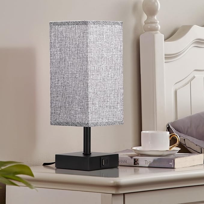 Ambimall Grey Table Lamp with USB Ports - 3 Way Touch Lamps Beside Desk, Nightstand Lamp for Bedrooms Living Room, Grey Shade with Black Base, LED Bulb Included(Grey) - LeafyLoom