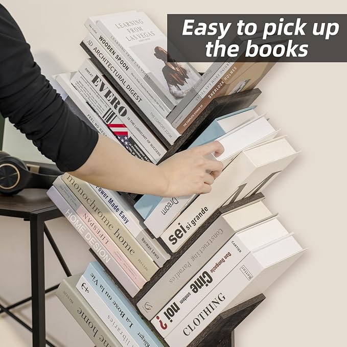 10 Tier Tree Book Shelf, Floor Standing Wood Bookshelf for Narrow Space, Storage Organizer Bookshelves for Books/CDs/Magazine, Bookcase with Shelves for Home Office, Living Room - Dark Grey - LeafyLoom