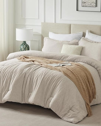 CozyLux Full Size Comforter Set - 3 Pieces Beige Soft Luxury Cationic Dyeing Bedding Comforter for All Season, Breathable Lightweight Fluffy Boho Bed Sets with 1 Comforter and 2 Pillow Shams - LeafyLoom