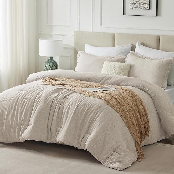 CozyLux Full Size Comforter Set - 3 Pieces Beige Soft Luxury Cationic Dyeing Bedding Comforter for All Season, Breathable Lightweight Fluffy Boho Bed Sets with 1 Comforter and 2 Pillow Shams - LeafyLoom