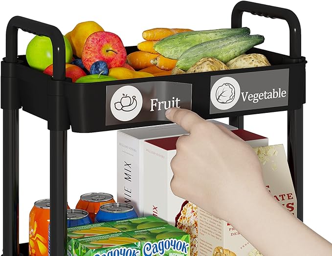 3-Tier Kitchen Storage Cart,Multifunction Utility Rolling Storage Organizer,Mobile Shelving Unit Cart with Lockable Wheels for Bathroom,Laundry,Living Room,With Classified Stickers,Black - LeafyLoom