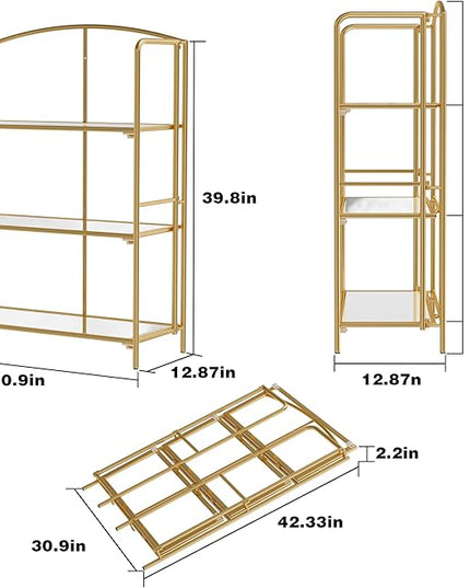 No Assembly Folding Bookshelf for Living Room, 3 Tier Gold Collapsible Book Shelf for Home Office, Portable Bookcase Storage Organizer - LeafyLoom
