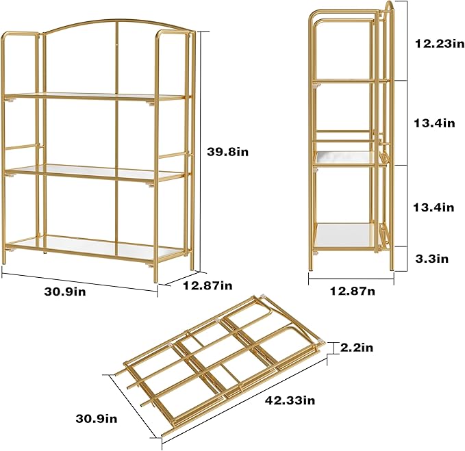 No Assembly Folding Bookshelf for Living Room, 3 Tier Gold Collapsible Book Shelf for Home Office, Portable Bookcase Storage Organizer - LeafyLoom
