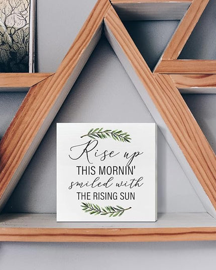 Home Office Desk Wooden Box Sign Decor, Rise Up This Mornin' Smiled with The Rising Sun, Inspirational Quotes Desk Decor Motivational Desk Decorations for Women Men Student Office Classroom School - LeafyLoom