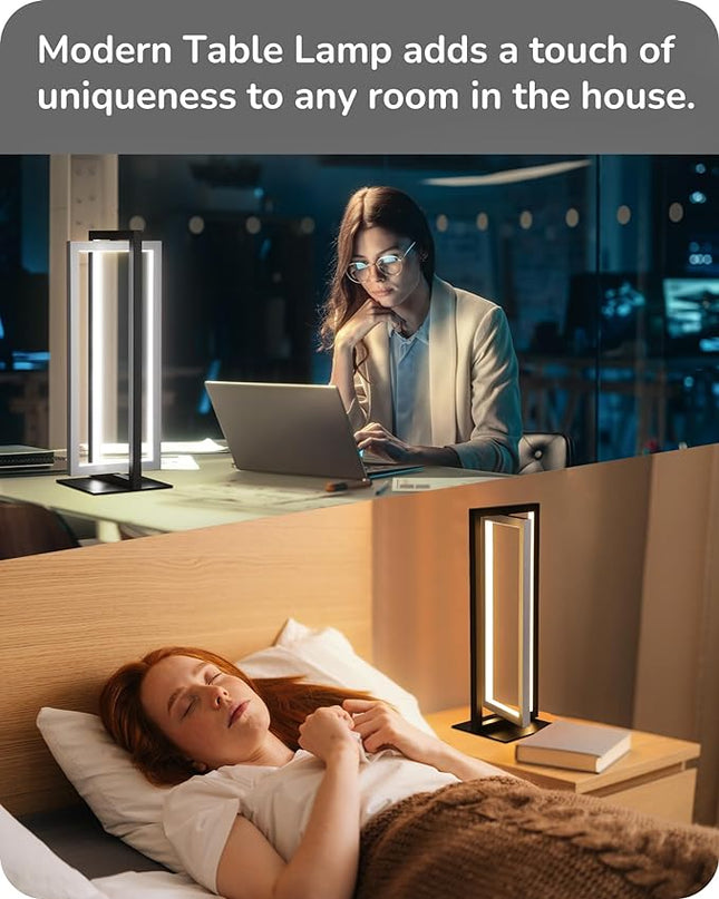 EDISHINE Modern LED Table Lamp, 750LM Stepless Dimmable Bedside Lamp, 3 Color Temperature, Touch Switch Control Nightstand Lamp for Living Room Bedroom, Dual-Frame Rectangle, Angle Adjustable - LeafyLoom