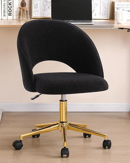 Furniliving Home Vanity Desk Chair, Modern Cute Desk Chairs Adjustment Height Chair with Swivel Wheels Upholstered Sherpa Gold Metal Base for Makeup Living Room Bedroom,Black - LeafyLoom