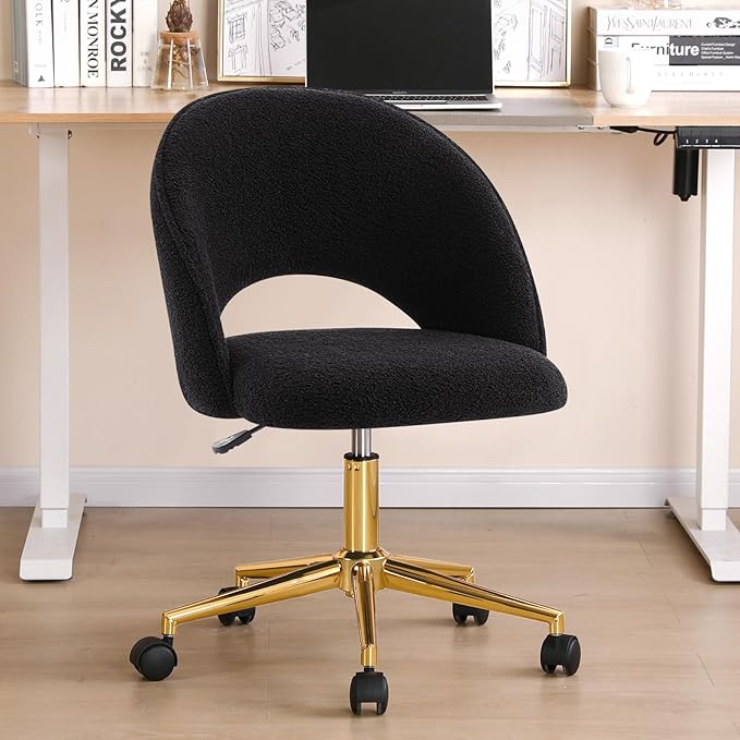Furniliving Home Vanity Desk Chair, Modern Cute Desk Chairs Adjustment Height Chair with Swivel Wheels Upholstered Sherpa Gold Metal Base for Makeup Living Room Bedroom,Black - LeafyLoom