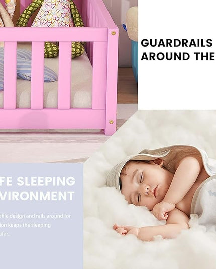 Multifunctional Twin Size Floor Bed with Safety Guardrails and Door, Removable Wood Slats, Montessori Beds Frame for Toddlers, for Boys and Girls, Pink - LeafyLoom