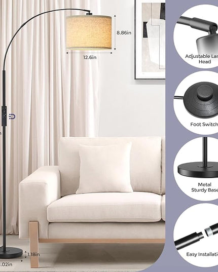 Arc Floor Lamps with Remote Control and Stepless Dimmable Color Temperature and Brightness Standing Lamp with Adjustable Beige Hanging Shade Pole Lamp for Bedroom Office, 9W Bulb Included, Black - LeafyLoom