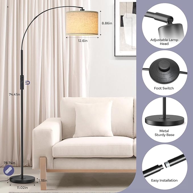 Arc Floor Lamps with Remote Control and Stepless Dimmable Color Temperature and Brightness Standing Lamp with Adjustable Beige Hanging Shade Pole Lamp for Bedroom Office, 9W Bulb Included, Black - LeafyLoom