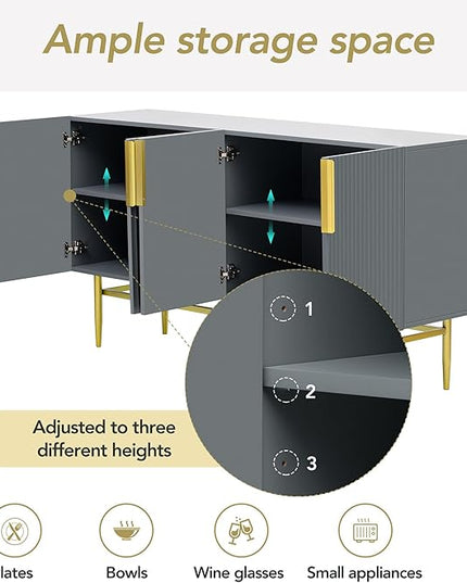 60" Modern 4-Door Elegant Sideboard with Gold Metal Handles and Legs,Storage Buffet Cabinet,W/Adjustable Shelves & Open Countertop,Console Table for Dining Living Room Hallway,Gray - LeafyLoom