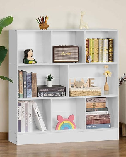 YAHARBO White 3 Tier Bookshelf,Wide Modern Horizontal Bookcase,Wood Low Book Shelf,Wide Display Storage Cabinet with Base,Floor Standing 8 Cube Large Bookcases Organizer for Bedroom,Living Room,Office - LeafyLoom