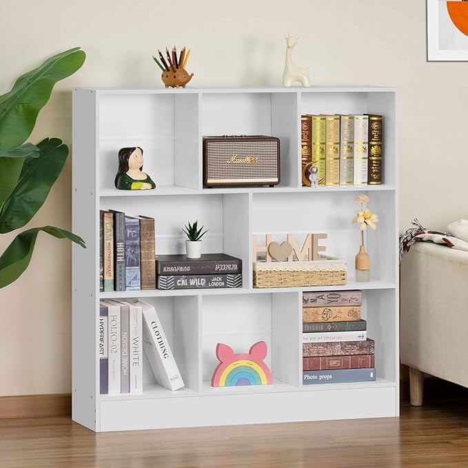 YAHARBO White 3 Tier Bookshelf,Wide Modern Horizontal Bookcase,Wood Low Book Shelf,Wide Display Storage Cabinet with Base,Floor Standing 8 Cube Large Bookcases Organizer for Bedroom,Living Room,Office - LeafyLoom