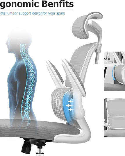 Ergonomic Office Chair, High Back Mesh Desk Chair with Lumbar Support and Adjustable Headrest, Computer Gaming Chair with Flip-up Armrests, Executive Swivel Chair for Home Office (LightGray) - LeafyLoom