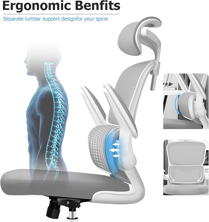 Ergonomic Office Chair, High Back Mesh Desk Chair with Lumbar Support and Adjustable Headrest, Computer Gaming Chair with Flip-up Armrests, Executive Swivel Chair for Home Office (LightGray) - LeafyLoom