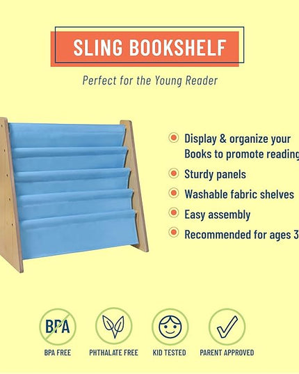 Wildkin Kids Canvas Sling Bookshelf for Boys and Girls, Wooden Design Features Four Fabric Shelves, Keep Bedrooms, Playrooms, and Classrooms Organized, an Ideal Kids Bookshelf (Natural w/Sky Blue) - LeafyLoom