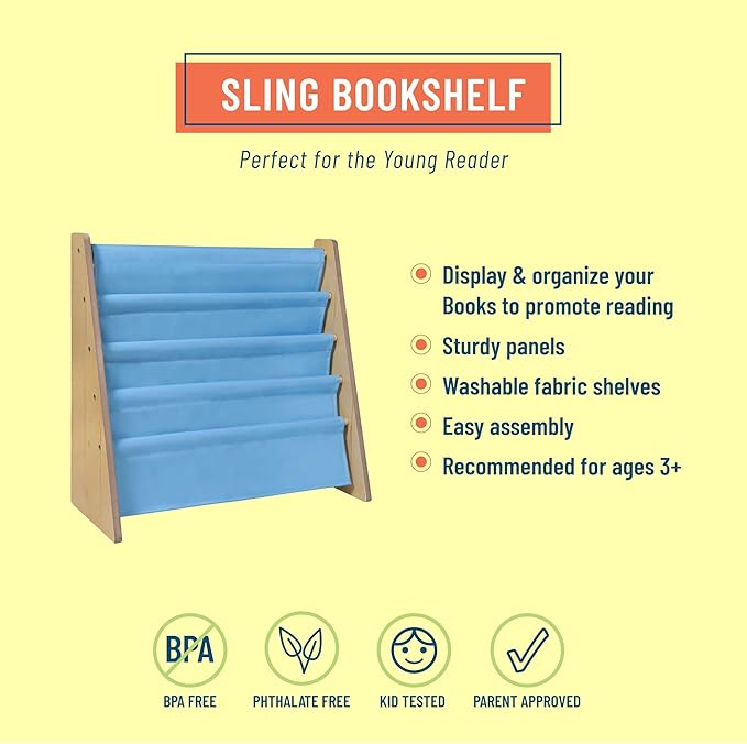 Wildkin Kids Canvas Sling Bookshelf for Boys and Girls, Wooden Design Features Four Fabric Shelves, Keep Bedrooms, Playrooms, and Classrooms Organized, an Ideal Kids Bookshelf (Natural w/Sky Blue) - LeafyLoom