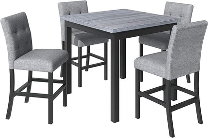 5-Piece Counter Height Dining Set, 35.4-Inch Wood Square Table and 4 Upholstered High-Back Chairs for Kitchen, Breakfast Nook, Bar, Living Room, Gray+Black, 35.4''L x 35.4''W x 36''H - LeafyLoom