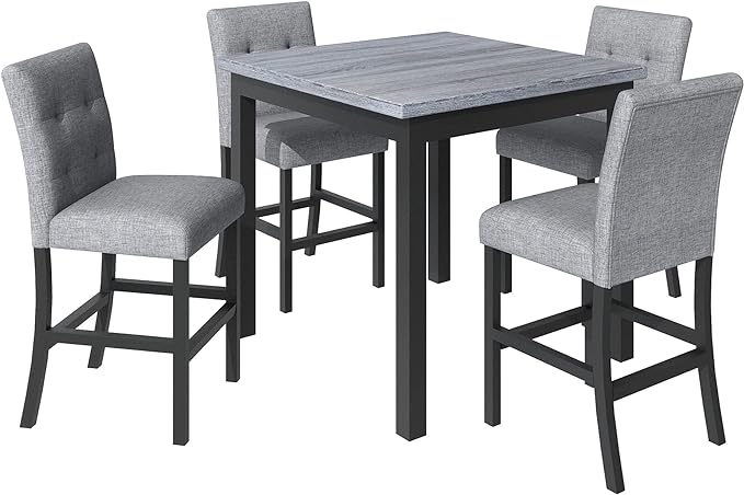 5-Piece Counter Height Dining Set, 35.4-Inch Wood Square Table and 4 Upholstered High-Back Chairs for Kitchen, Breakfast Nook, Bar, Living Room, Gray+Black, 35.4''L x 35.4''W x 36''H - LeafyLoom