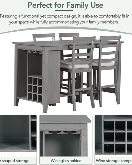 NicBex Small Kitchen Table Set for 4 Bar Table and Chairs Set 5-Piece Multi-Functional Rubber Wood Counter Height Dining Set with Padded Chairs for Dining Room, Gray - LeafyLoom