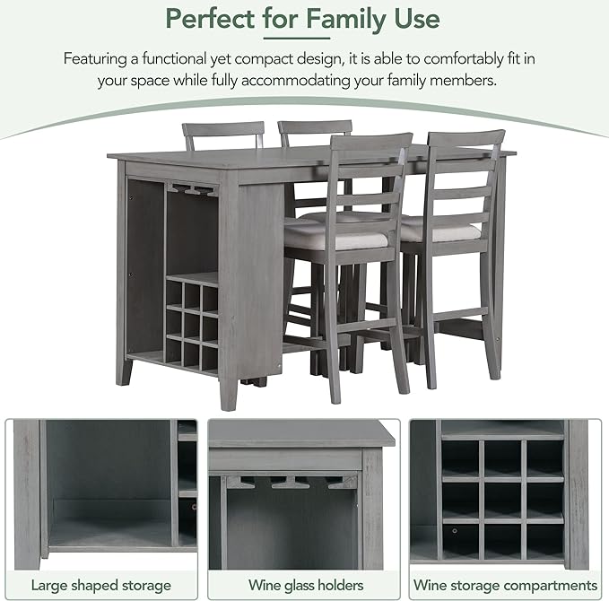 NicBex Small Kitchen Table Set for 4 Bar Table and Chairs Set 5-Piece Multi-Functional Rubber Wood Counter Height Dining Set with Padded Chairs for Dining Room, Gray - LeafyLoom