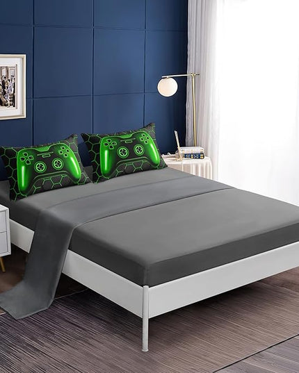 6 Pieces Bed in a Bag for Boys Bedding Sets Queen Size,Gamer Comforter Sets for Boys Kids, Gaming Comforter Set for Boys Room Decor with Flat Sheet,Fitted Sheet,Pillowcase,Cushion Cover - LeafyLoom