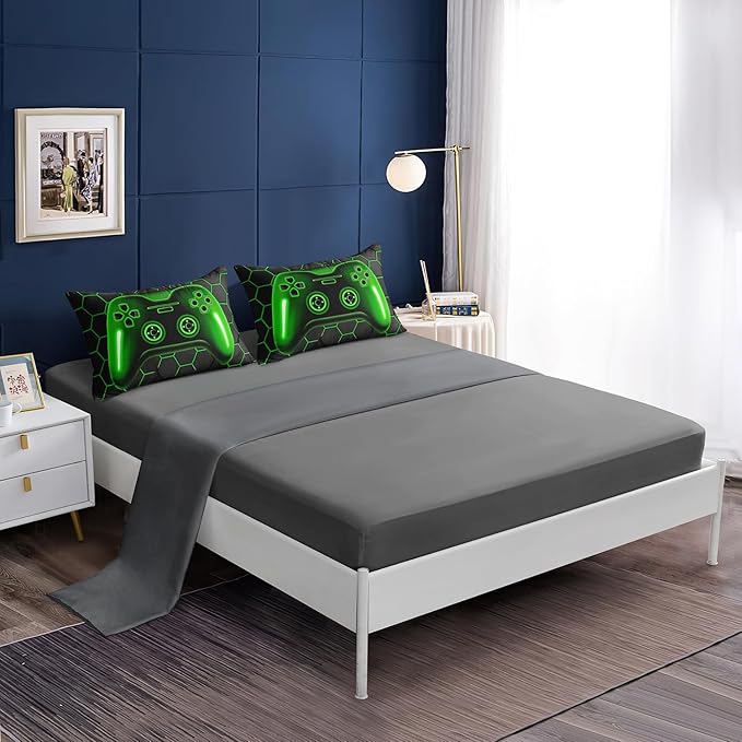 5 Pieces Bed in a Bag for Boys Bedding Sets Twin Size,Gamer Comforter Sets for Boys Kids, Gaming Comforter Set for Boys Room Decor with Flat Sheet,Fitted Sheet,Pillowcase,Cushion Cover - LeafyLoom