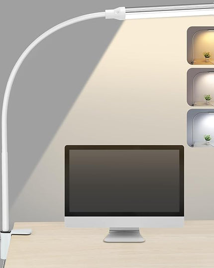 ShineTech LED Desk Lamp for Home Office, Eye-Caring Desk Light with Clamp, 3 Colors Stepless Brightness Adjustable Flexible Gooseneck, USB Adapter Architect Task Lamps for College Dorm Room - LeafyLoom