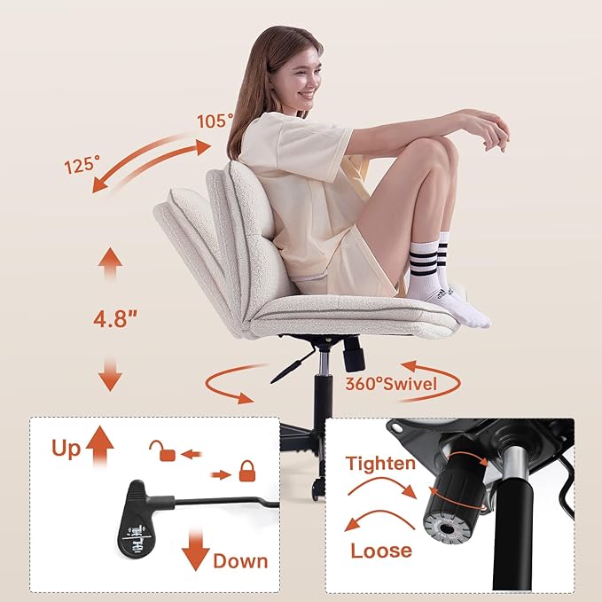 EMIAH Armless Office Desk Chair with Wheels Faux Fur Vanity Mid-Back Ergonomic Home Computer Comfortable Adjustable Swivel Furry Task Chair with Thickened Cushion - LeafyLoom