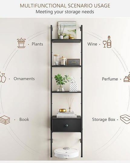 Tajsoon Ladder Shelf, Tall Bookcase with Storage Drawers, 4-Tier Wood Wall Mounted Bookshelf, Open Display Rack, Storage Shelves for Bedroom, Home Office, Collection, Plant Flower, Black - LeafyLoom