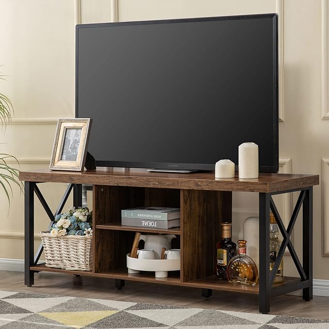GAZHOME TV Stand for TV up to 55 Inches, TV Cabinet with Open Storage, TV Console Unit with Shelving for Living Room, Entertainment Room, Rustic Brown - LeafyLoom