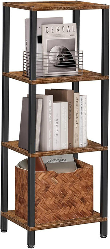 TUTOTAK Bookshelf, 4-Tier Tall Book Shelf, Narrow Bookcase for Small Space, DIY Stackable Bookshelf, for Living Room, Office, Study, Entryway, Industrial, Rustic Brown BS01BB004 - LeafyLoom