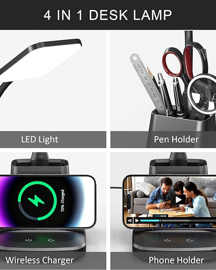 Desk Lamp with Wireless Charger, LED Desk Lamps for Home Office, 800 Lumens, Small Desk Lamp with Pen Holder, Flexible Arm, 3 Modes, Dimming, Touch Lamp for College Dorm Room - LeafyLoom