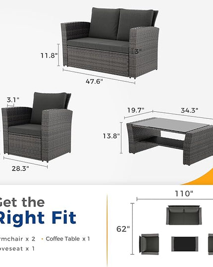 Wisteria Lane 4 Piece Outdoor Patio Furniture Sets, Wicker Conversation Set for Porch Deck, Grey Rattan Sofa Chair with Cushion （Dark Grey - LeafyLoom