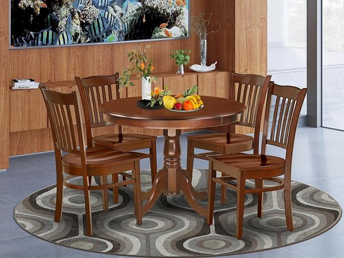 East West Furniture HLGR5-MAH-W 5 Piece Dining Room Furniture Set Includes a Round Dining Table with Pedestal and 4 Wood Seat Chairs, 42x42 Inch, Mahogany - LeafyLoom